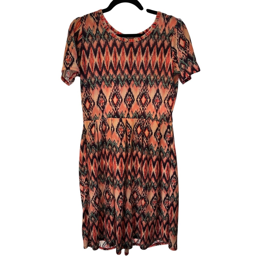 Womens Short Sleeve Geometric Print LulaRoe Elastic Waist Midi Dress‎ Pink Blue